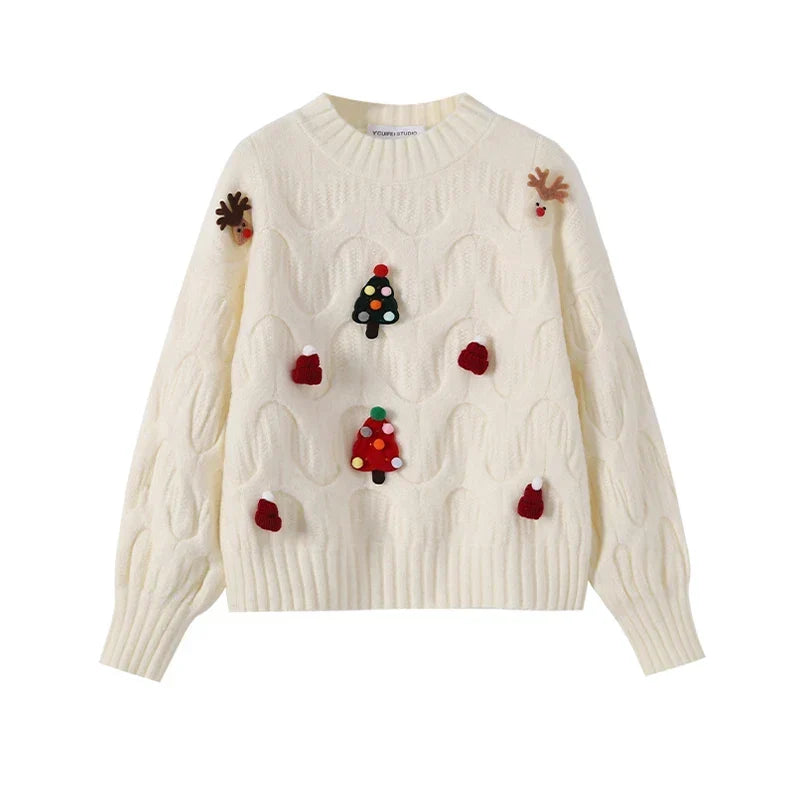 Maglione festivo da donna in maglia a trecce – Pullover con applicazione natalizia 3D e maniche a palloncino
