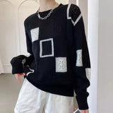 Maglione da donna in maglia traforata patchwork – Pullover girocollo dal taglio morbido con texture miste