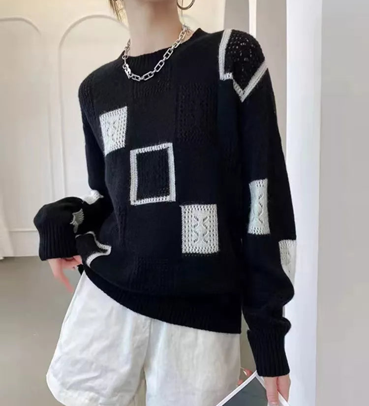 Maglione da donna in maglia traforata patchwork – Pullover girocollo dal taglio morbido con texture miste