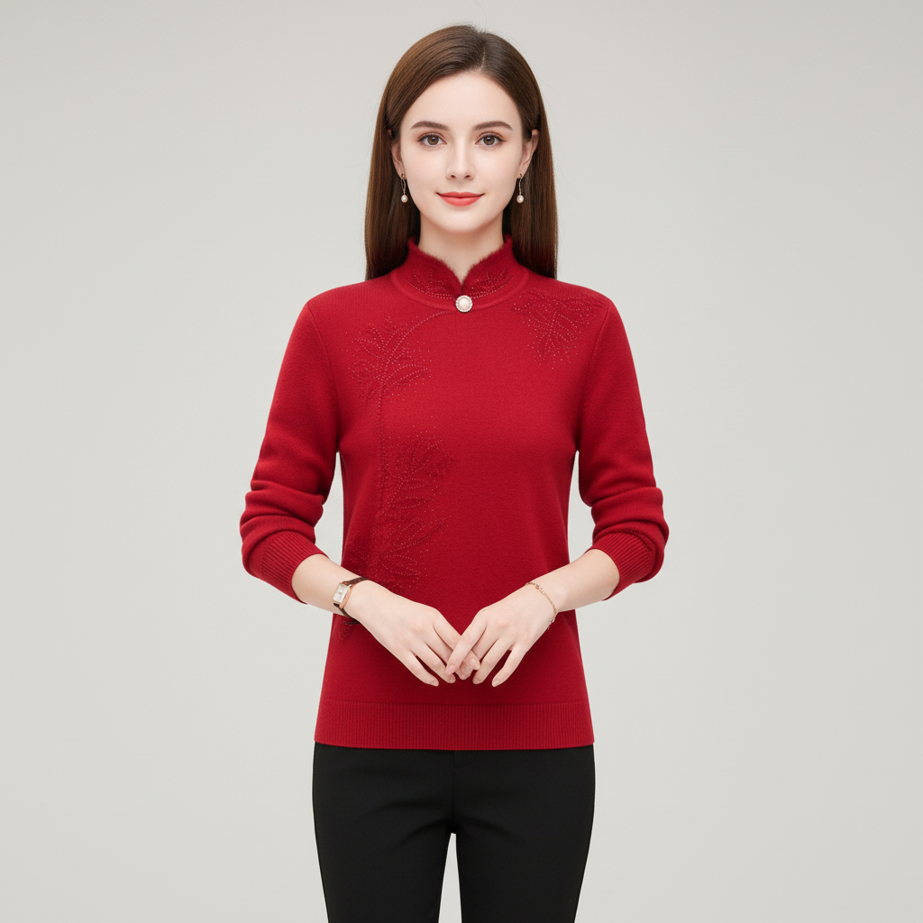 Maglione da donna con collo alto e dettagli di bottoni stampati