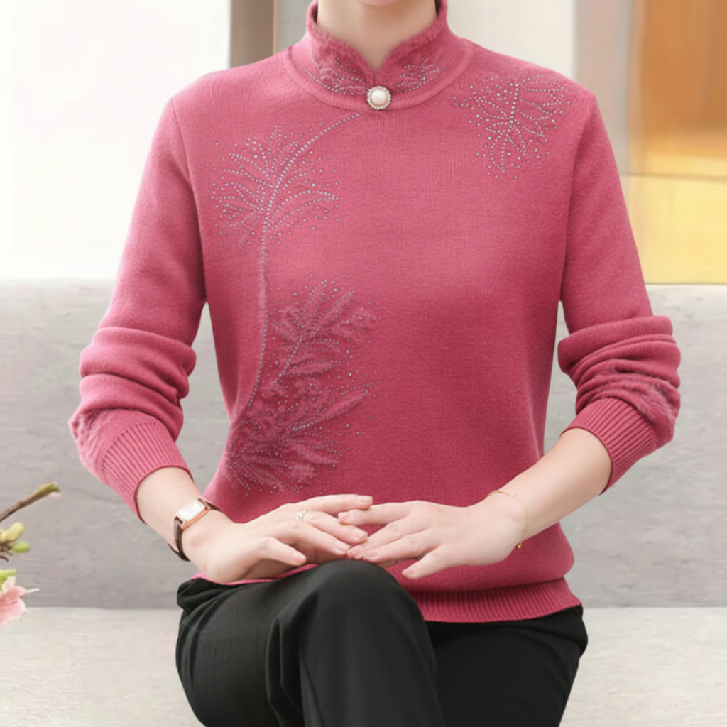 Maglione da donna con collo alto e dettagli di bottoni stampati