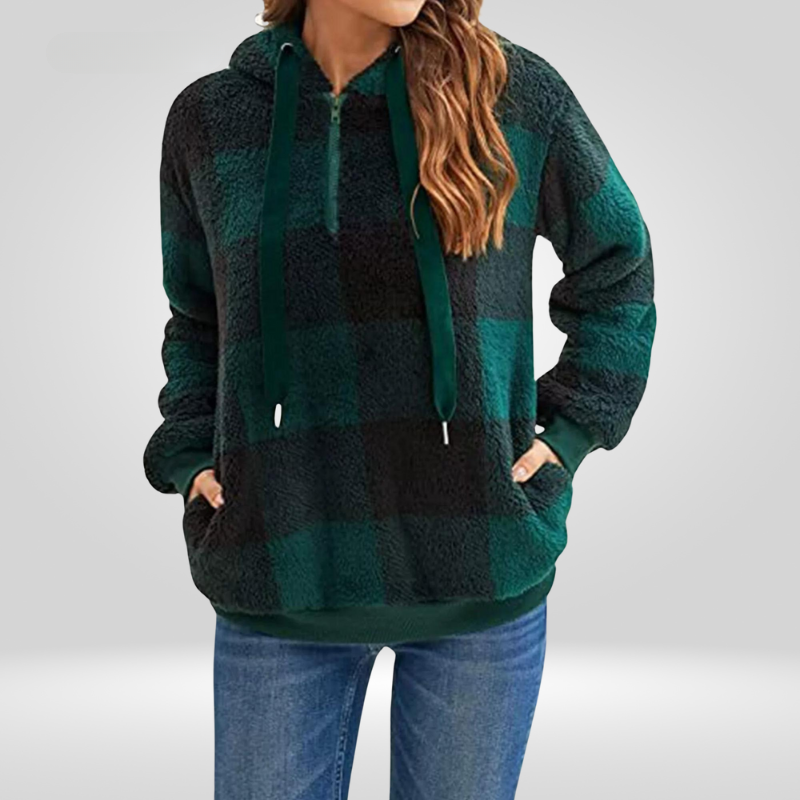 Donna - Felpa con cappuccio a quadri con mezza zip - Stile Accogliente