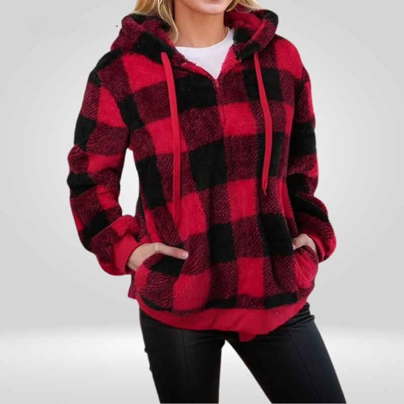 Donna - Felpa con cappuccio a quadri con mezza zip - Stile Accogliente