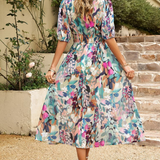 Vestito floreale da donna con scollo a V – abito midi estivo elegante a maniche corte