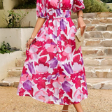 Vestito floreale da donna con scollo a V – abito midi estivo elegante a maniche corte
