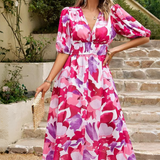Vestito floreale da donna con scollo a V – abito midi estivo elegante a maniche corte