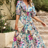 Vestito floreale da donna con scollo a V – abito midi estivo elegante a maniche corte
