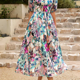 Vestito floreale da donna con scollo a V – abito midi estivo elegante a maniche corte