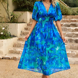 Vestito floreale da donna con scollo a V – abito midi estivo elegante a maniche corte