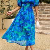 Vestito floreale da donna con scollo a V – abito midi estivo elegante a maniche corte