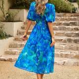 Vestito floreale da donna con scollo a V – abito midi estivo elegante a maniche corte