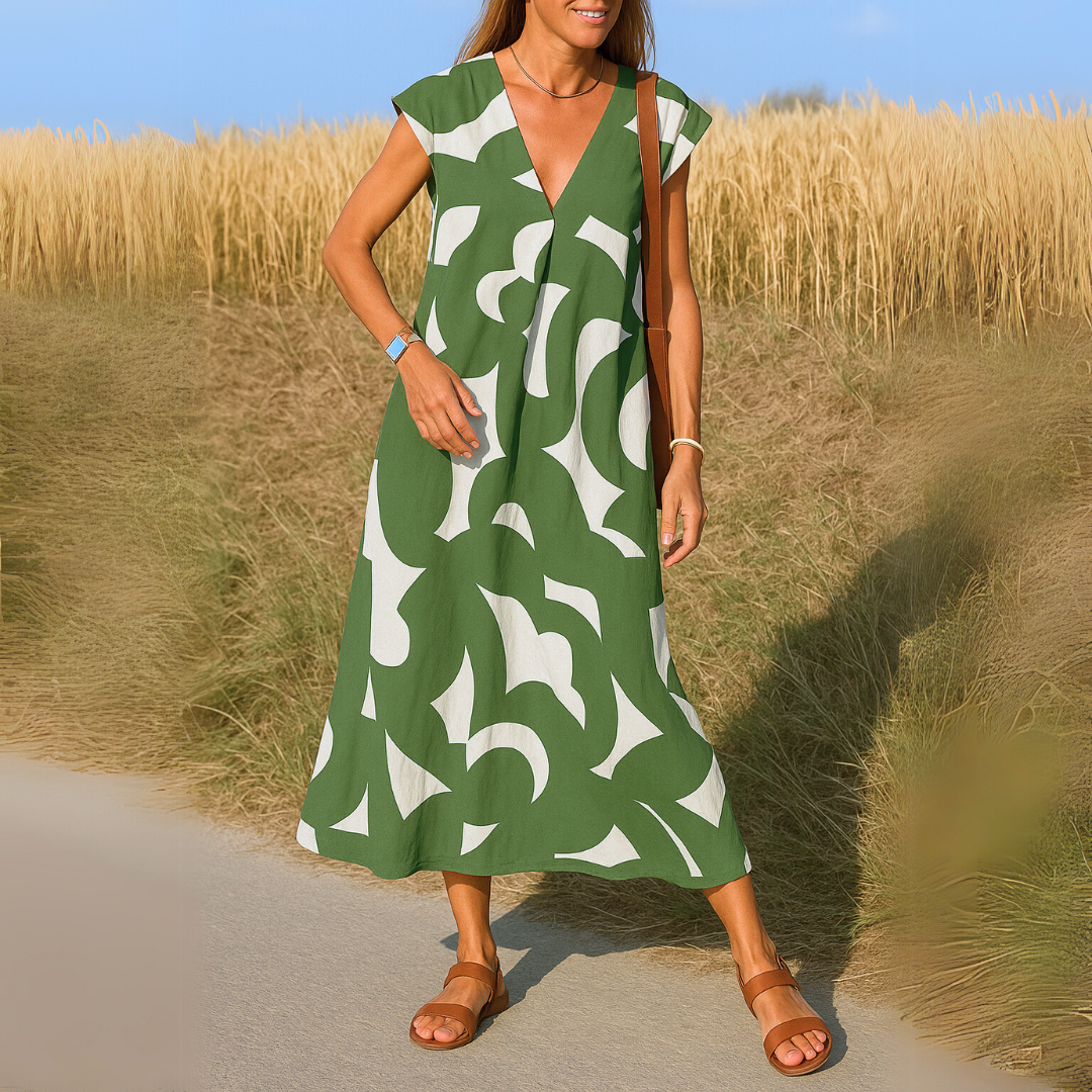 Abito donna con scollo a V | Stampa grafica e taglio femminile a linea A