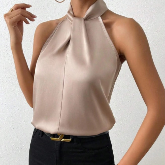 Blusa da donna in raso con scollo all'americana – Elegante top in seta con laccetti al collo