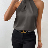 Blusa da donna in raso con scollo all'americana – Elegante top in seta con laccetti al collo