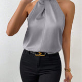 Blusa da donna in raso con scollo all'americana – Elegante top in seta con laccetti al collo