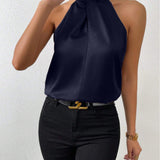 Blusa da donna in raso con scollo all'americana – Elegante top in seta con laccetti al collo