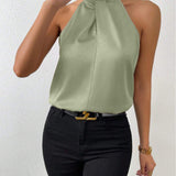 Blusa da donna in raso con scollo all'americana – Elegante top in seta con laccetti al collo