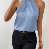 Blusa da donna in raso con scollo all'americana – Elegante top in seta con laccetti al collo