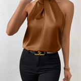 Blusa da donna in raso con scollo all'americana – Elegante top in seta con laccetti al collo