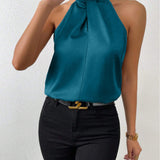 Blusa da donna in raso con scollo all'americana – Elegante top in seta con laccetti al collo