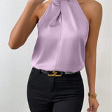 Blusa da donna in raso con scollo all'americana – Elegante top in seta con laccetti al collo