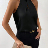 Blusa da donna in raso con scollo all'americana – Elegante top in seta con laccetti al collo