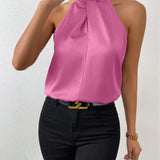 Blusa da donna in raso con scollo all'americana – Elegante top in seta con laccetti al collo