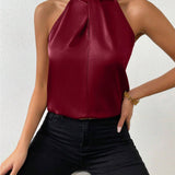 Blusa da donna in raso con scollo all'americana – Elegante top in seta con laccetti al collo