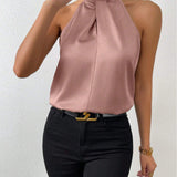 Blusa da donna in raso con scollo all'americana – Elegante top in seta con laccetti al collo