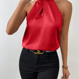 Blusa da donna in raso con scollo all'americana – Elegante top in seta con laccetti al collo