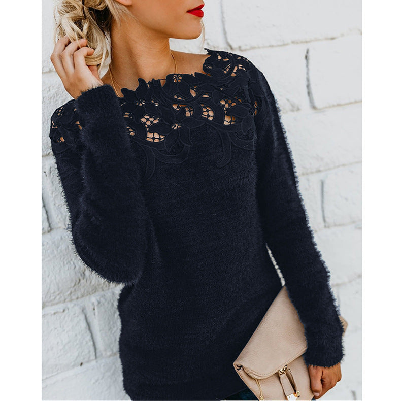 Maglione invernale da donna | Colletto in pizzo ed eleganza femminile