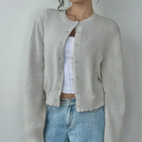 Cardigan corto da donna con bottoni frontali – maglia a girocollo per creare look a strati ogni giorno