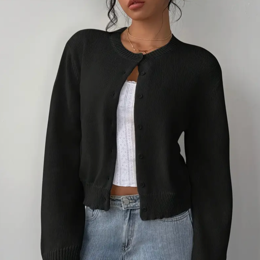 Cardigan corto da donna con bottoni frontali – maglia a girocollo per creare look a strati ogni giorno