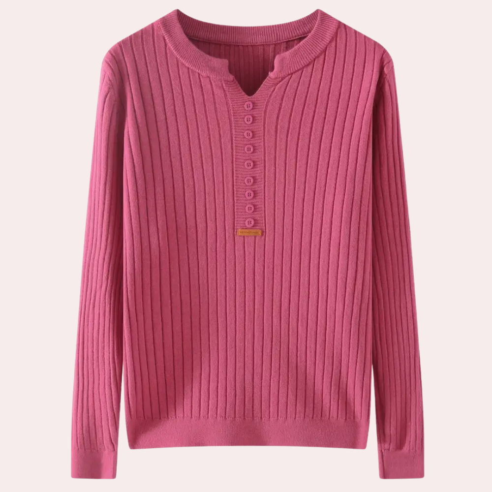 Maglione a coste da donna con scollo a V e patta con bottoni
