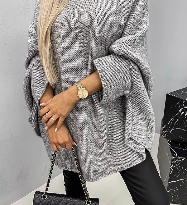 Poncho in maglia drappeggiato da donna – Maglione dal taglio rilassato con scollo rotondo, ideale per un look casual elegante a strati