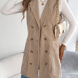 Giacca-gilet lunga da donna in velluto a coste tinta unita – Modello casual a doppio petto con tasche, ideale per look a strati