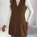 Giacca-gilet lunga da donna in velluto a coste tinta unita – Modello casual a doppio petto con tasche, ideale per look a strati