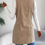 Giacca-gilet lunga da donna in velluto a coste tinta unita – Modello casual a doppio petto con tasche, ideale per look a strati