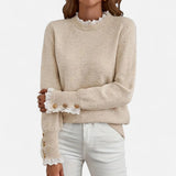 Donna - Maglia girocollo elegante beige con dettaglio in pizzo