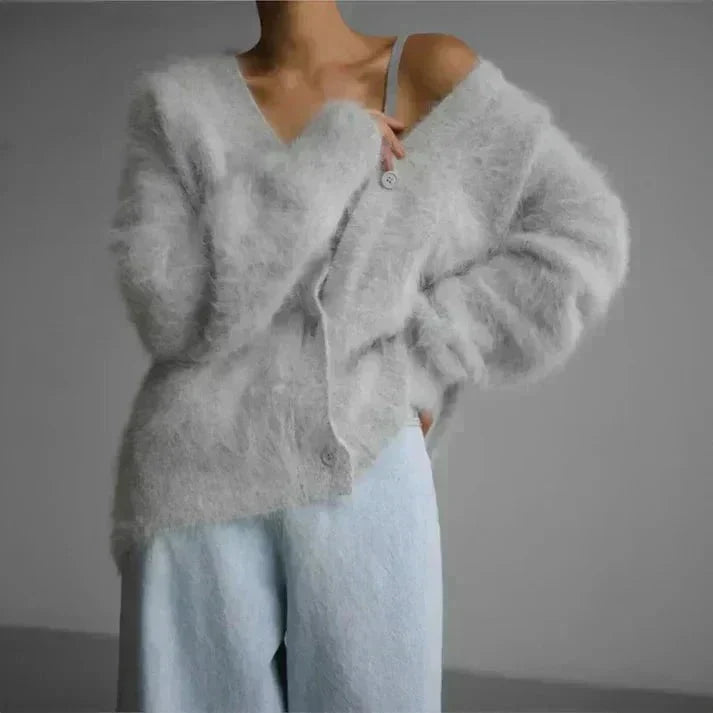 Cardigan morbido da donna con scollo a V – Maglia ampia e soffice con bottoni, per autunno e inverno