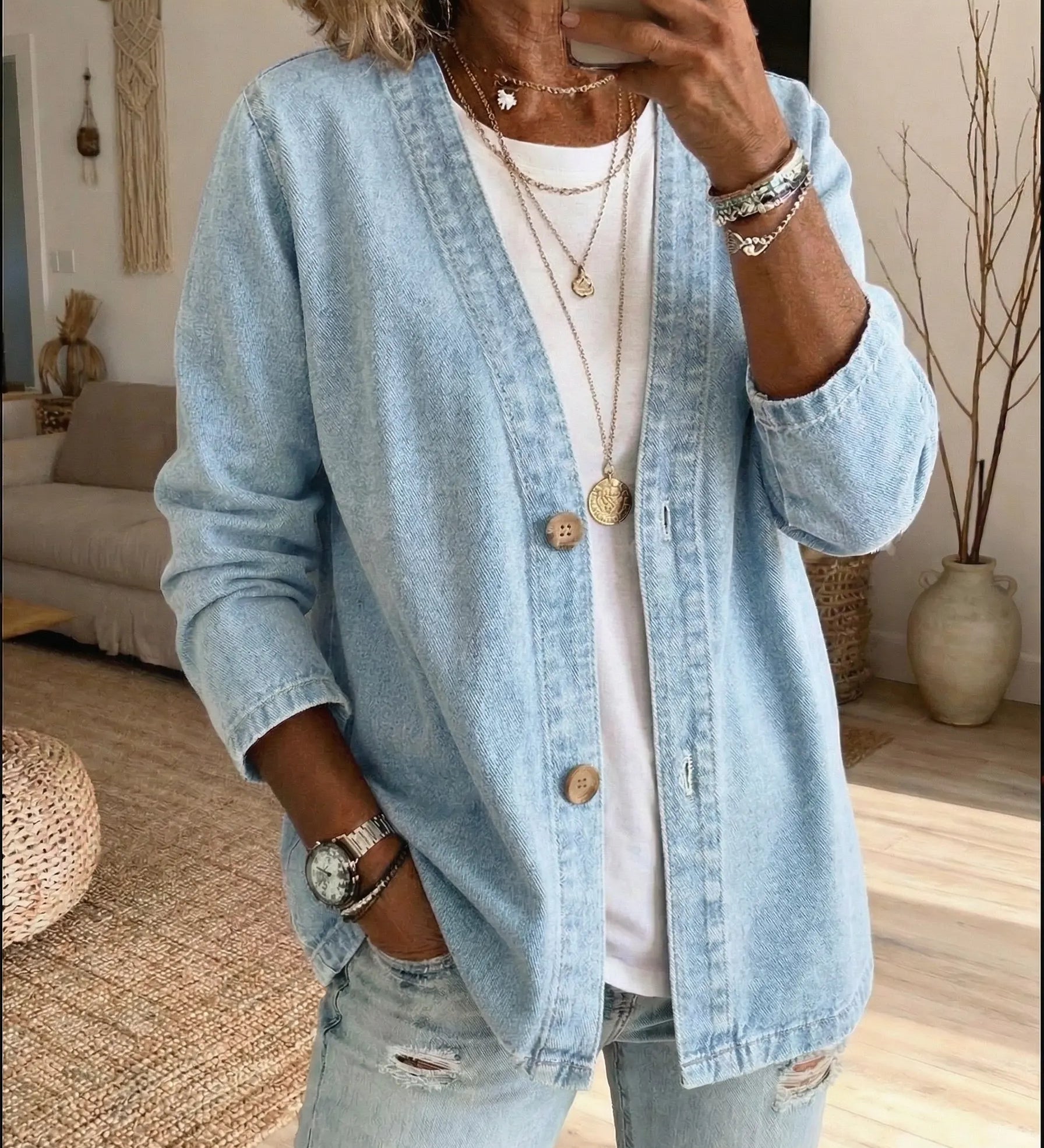 Cardigan casual da donna in denim con bottoni – Uno stile elegante e disinvolto, perfetto per essere indossato ogni giorno