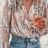Blusa Brillante – Nera con Paillettes, Elegante Collo a V e Maniche a Palloncino per Feste o Serate Fuori