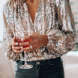 Blusa Brillante – Nera con Paillettes, Elegante Collo a V e Maniche a Palloncino per Feste o Serate Fuori