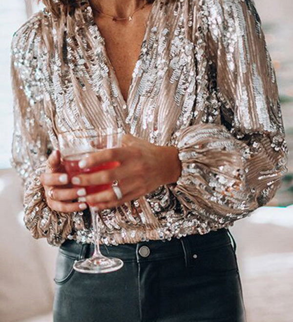 Blusa Brillante – Nera con Paillettes, Elegante Collo a V e Maniche a Palloncino per Feste o Serate Fuori