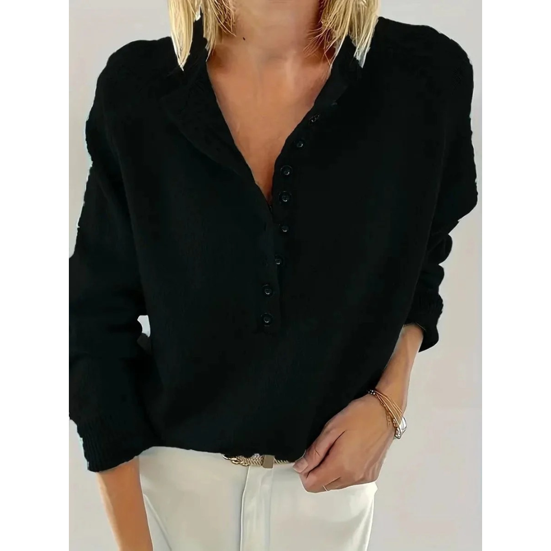Maglione in maglia da donna con scollo a V – Modello comodo con bottoni sul collo, ideale per tutti i giorni