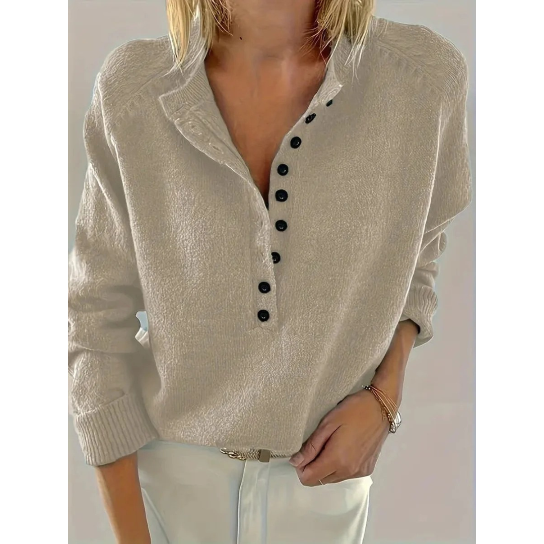 Maglione in maglia da donna con scollo a V – Modello comodo con bottoni sul collo, ideale per tutti i giorni