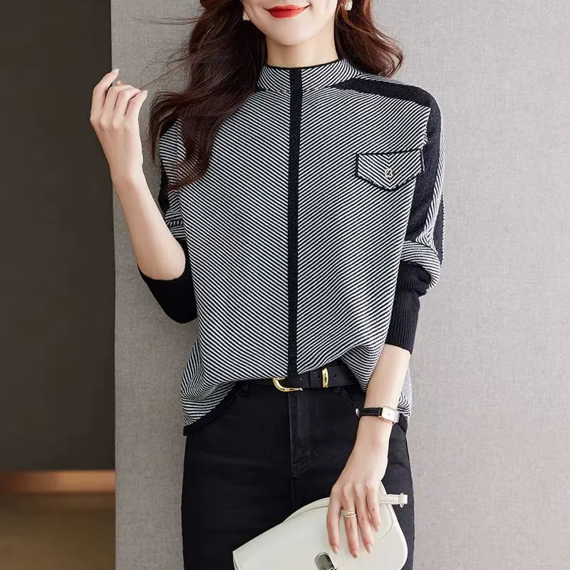 Donna - Pullover con scollo alla coreana e strisce diagonali, lungo fino ai fianchi