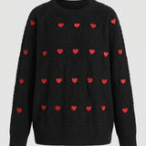 Maglione da donna con motivo a cuori e lavorazione a trecce – Pullover morbido girocollo per un look stagionale confortevole