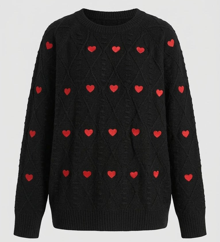 Maglione da donna con motivo a cuori e lavorazione a trecce – Pullover morbido girocollo per un look stagionale confortevole