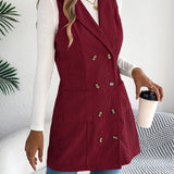 Giacca-gilet lunga da donna in velluto a coste tinta unita – Modello casual a doppio petto con tasche, ideale per look a strati